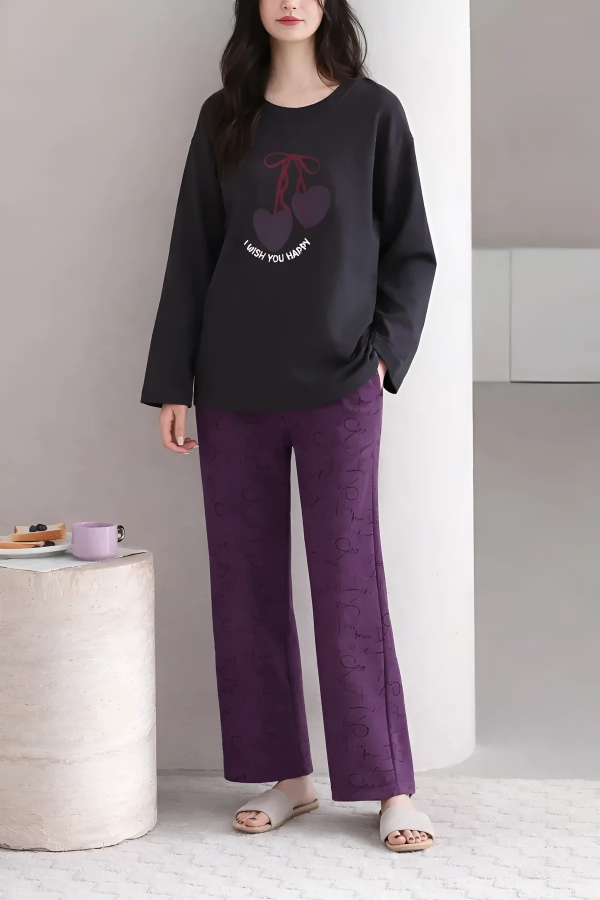 Black i wish you happy Printed with Purple printed Pajama Full sleeves night suit The Ultimate Dream Wear Sleep Suit