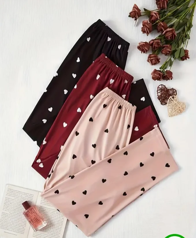Pack Of 3 Multi Colored Hearts Printed Plazzo Pajamas For Ladies